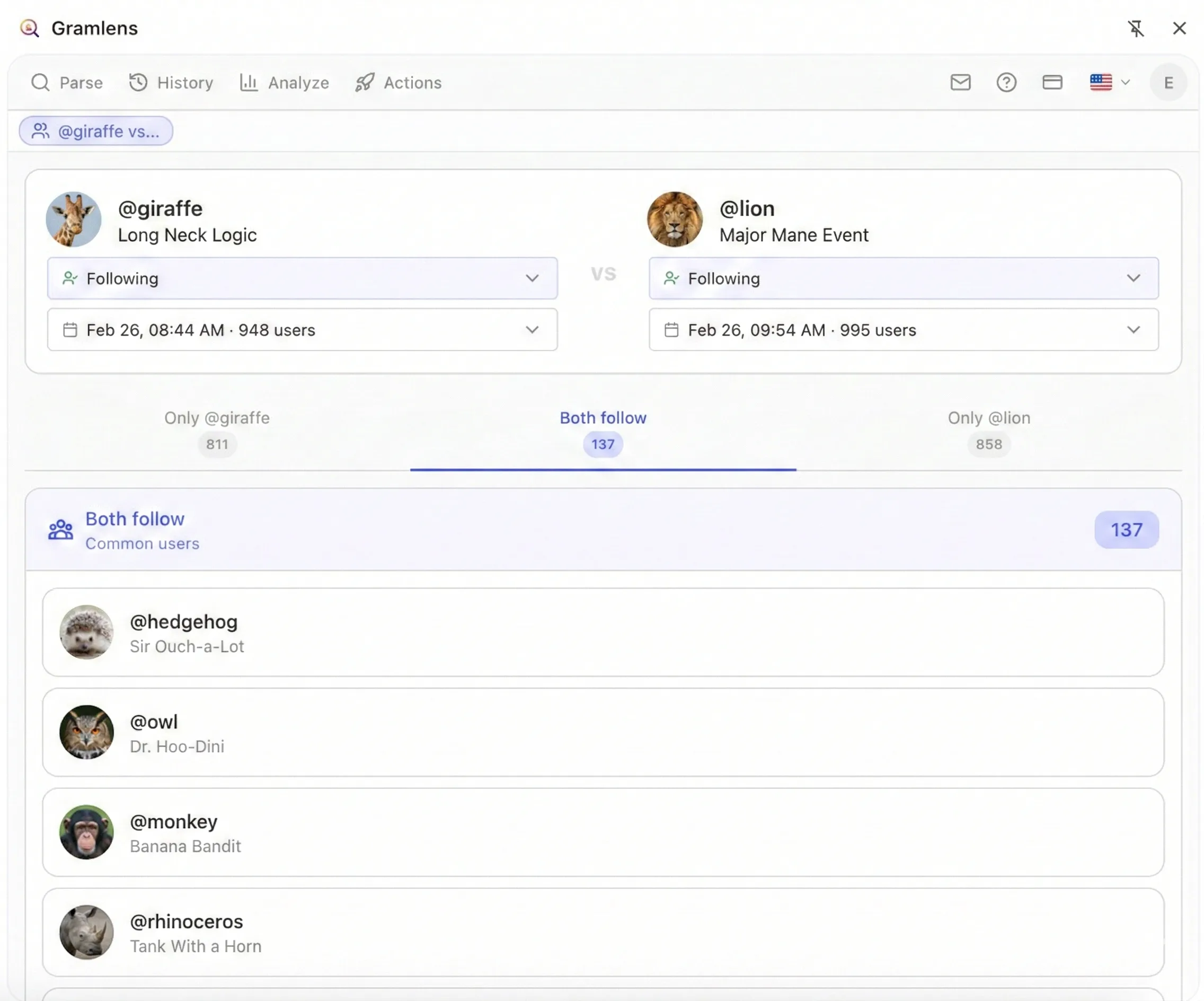 Side Panel showing Account Comparison: two account avatars in the header, three columns below — 'Only in Account 1', 'Common', and 'Only in Account 2' — each listing users with avatars.