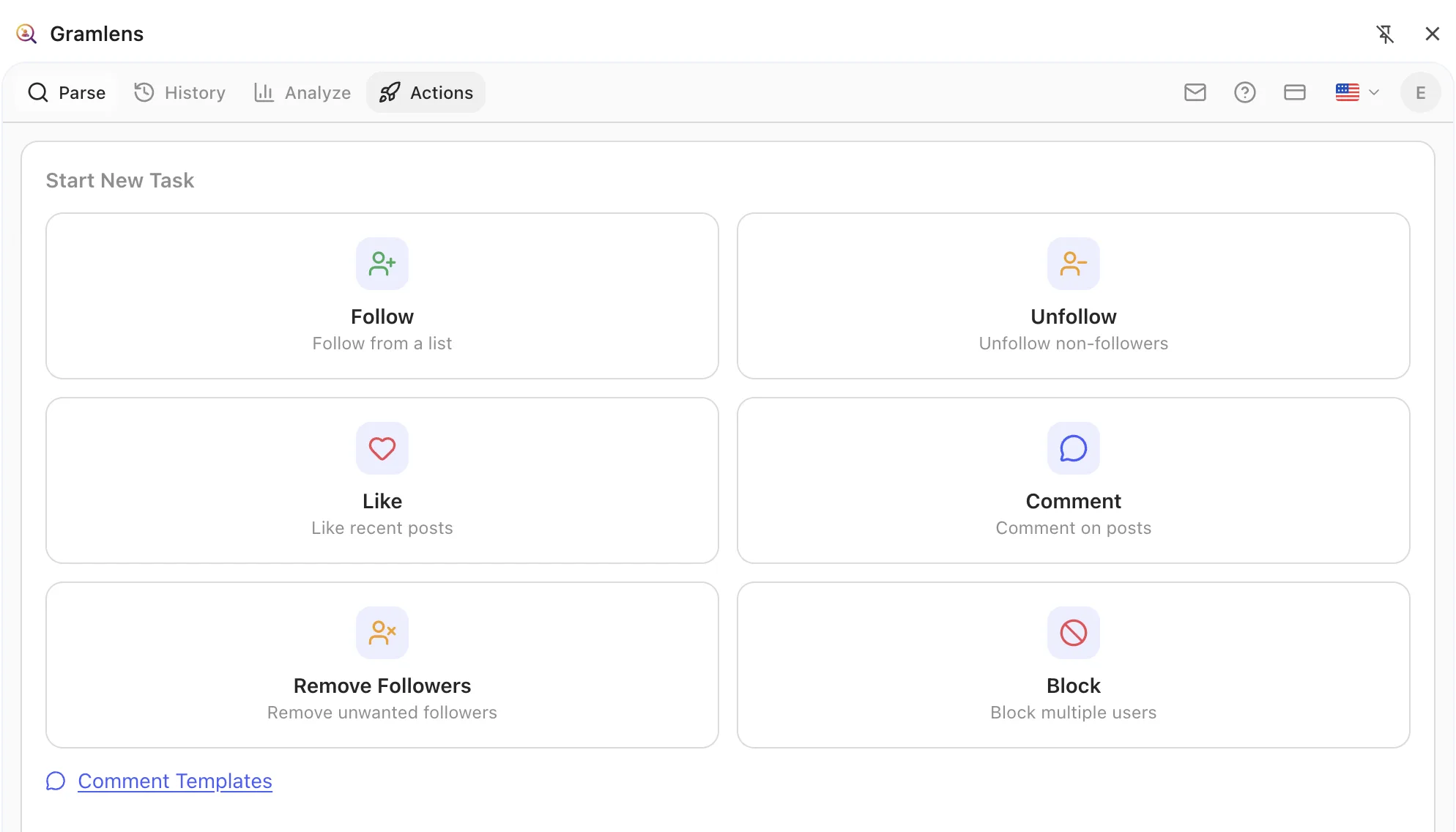 Side Panel showing the Actions tab: five task cards — Follow, Unfollow, Like, Comment, and Remove Followers — with icons and short descriptions.