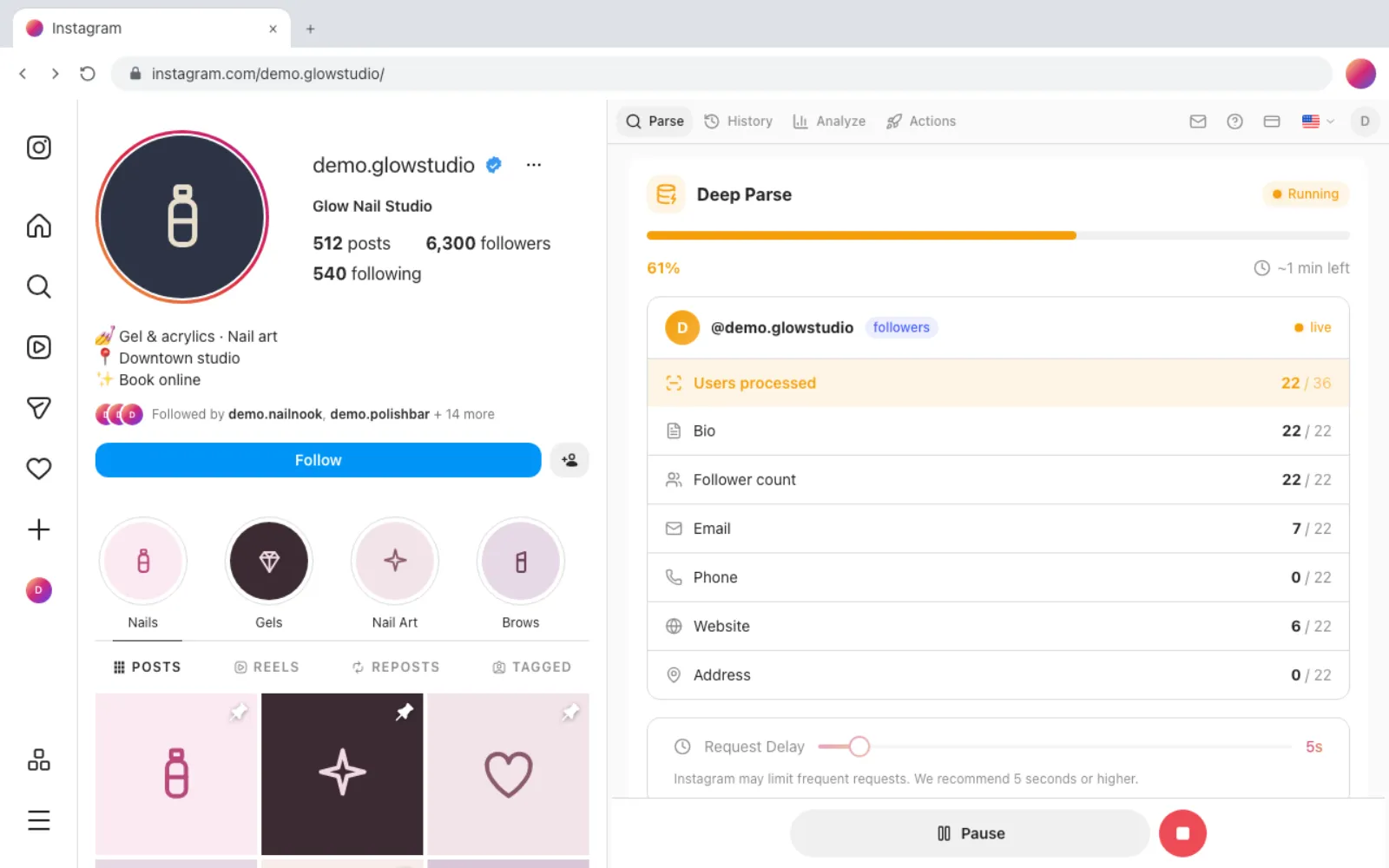 Deep Parse running on @demo.glowstudio's followers in Gramlens: a live progress card at 61% (~1 min left) with a per-field breakdown — Bio, Follower count, Email, Phone, Website, Address — each filling in, a Request Delay control, and Pause / Stop buttons.
