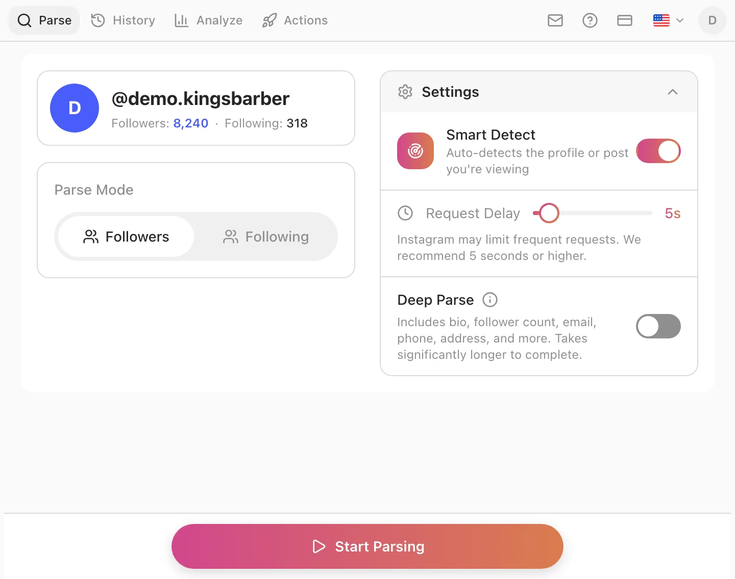 Gramlens side panel next to an Instagram profile, showing follower and following counts, the Followers parse mode and a Start Parsing button