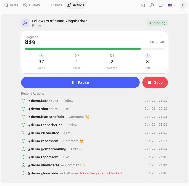 Actions running task card: progress bar, done/failed/skipped/remaining stats, and a live action feed