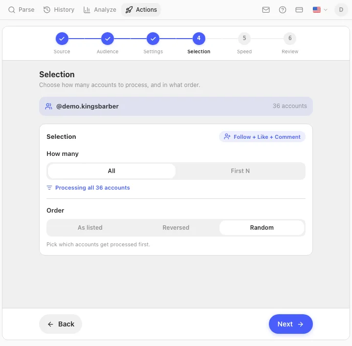 Actions wizard Selection step: how many (All or First N) and order (As listed, Reversed, Random)