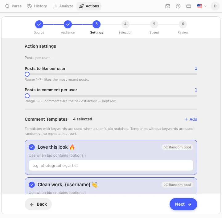Actions wizard Settings step: posts-per-user sliders and a comment template picker
