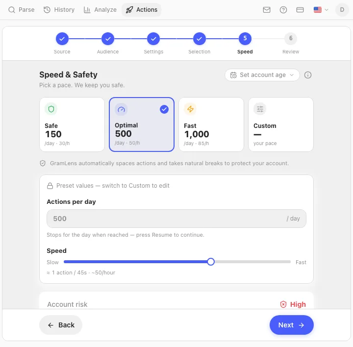 Gramlens Actions speed and safety controls, including Safe mode