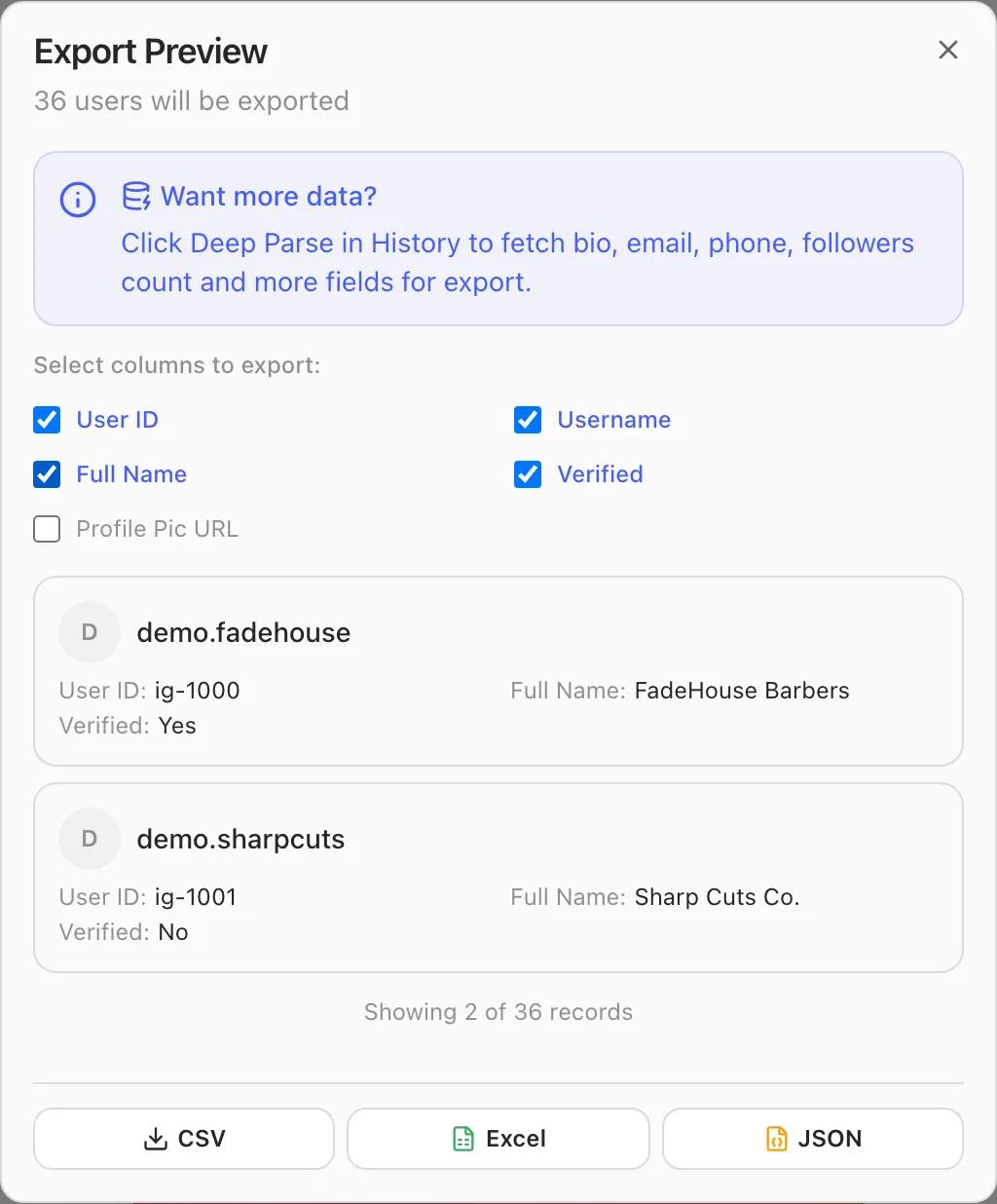 Export Preview dialog with a column checklist, the User ID column ticked, and a preview of the first rows