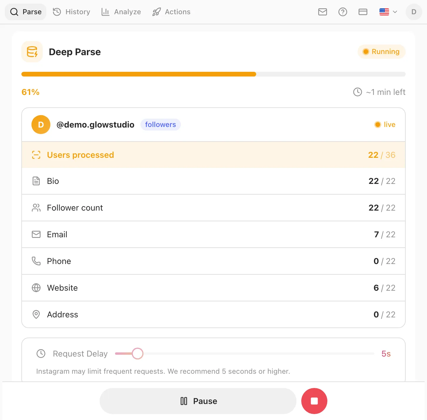 Deep Parse running: a live card counting bio, follower count, email, phone, website and address found across processed accounts