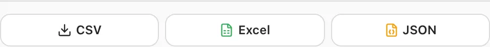 CSV, Excel and JSON download buttons at the bottom of the export dialog
