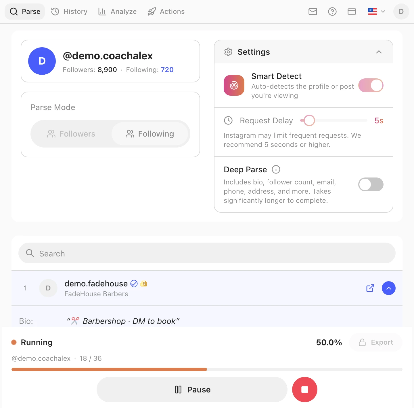 Following export in progress: a Running status, a progress bar at 50 percent, a live 18 of 36 count, and Pause and Stop controls