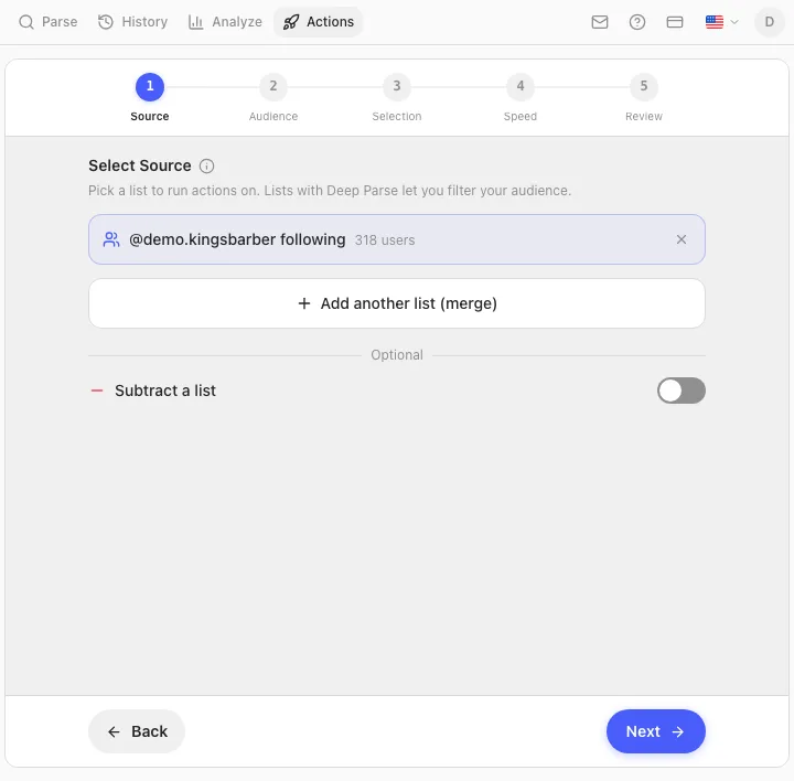 Gramlens Actions Unfollow wizard, Source step: a following list of 318 users selected, with merge and subtract options below
